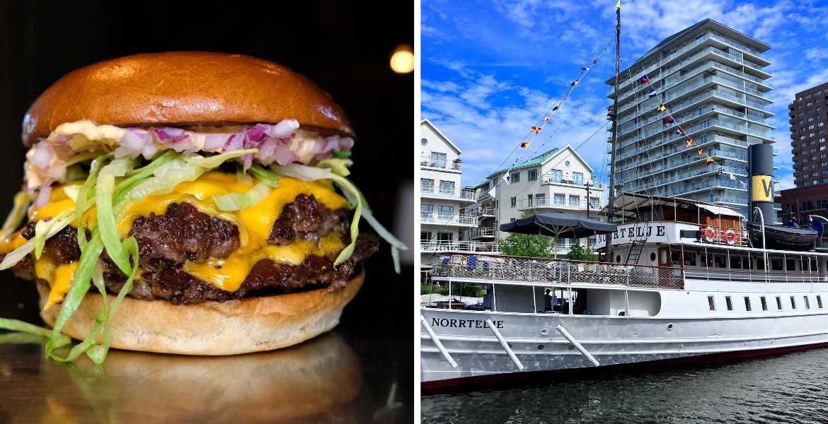 Sammansatt bild på en Hamburgare och Norrtäljebåten.
