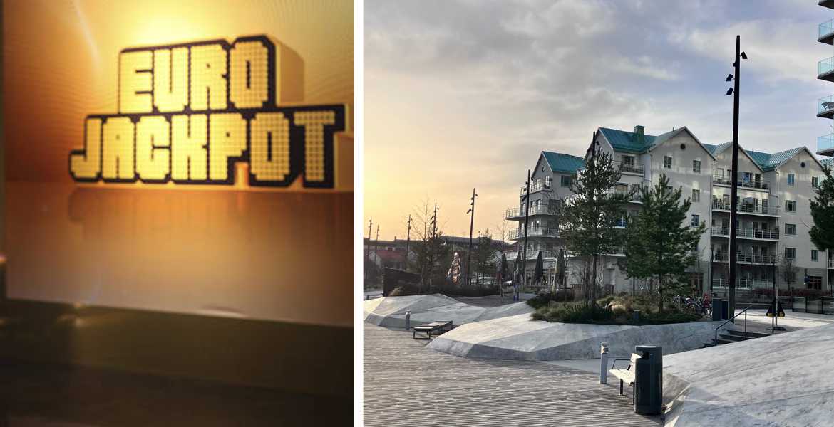 Bild på Norrtälje hamn sammansatt med en bild på Eurojackpot