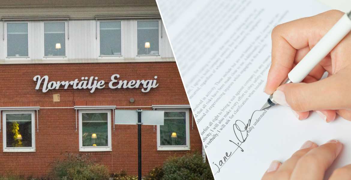 Bild på Norrtälje Energis huvudkontor i Norrtälje. Bilden är sammansatt med en bild på ett signerat avtal.
