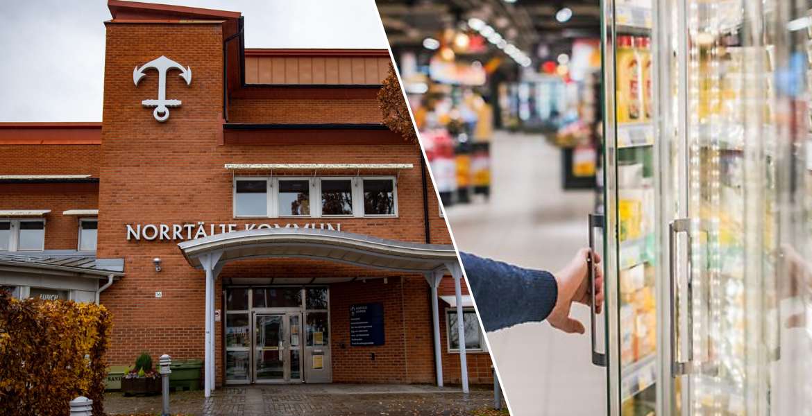 Bild på Norrtäljes kommunhus, sammansatt med en bild på en butikslokal.