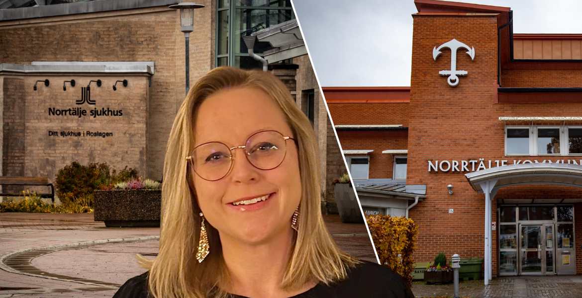 Bild på Norrtälje sjukhus och Norrtäljes kommunhus.