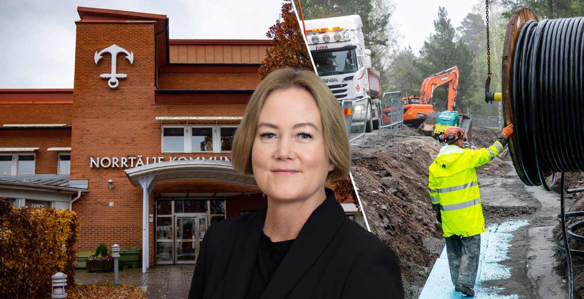 Bild på Norrtäljes kommunhus och Ulrika Falk (S), kommunstyrelsens ordförande.
